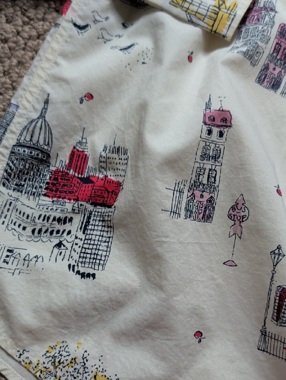 Anglophile Cream Cityscape Print Button-Up Shirt Big Ben London Eye Toile - Picture 7 of 15